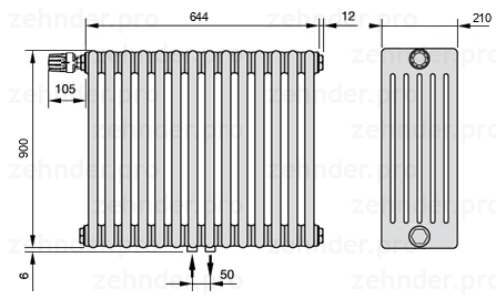 Схема (чертеж) Радиатор Zehnder Charleston 6090/14 №V007 Белый глянцевый RAL 9016